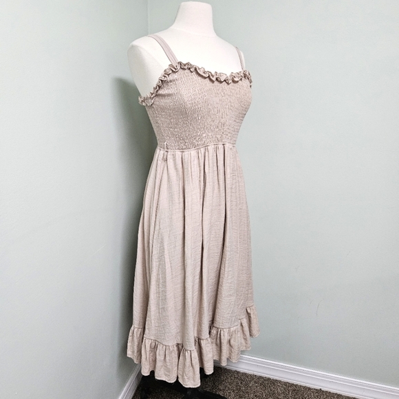 Blu Ivy Smocked Ruffle Midi Dress Beige Latte Cottagecore Bohemian Summer Beach - Picture 7 of 16